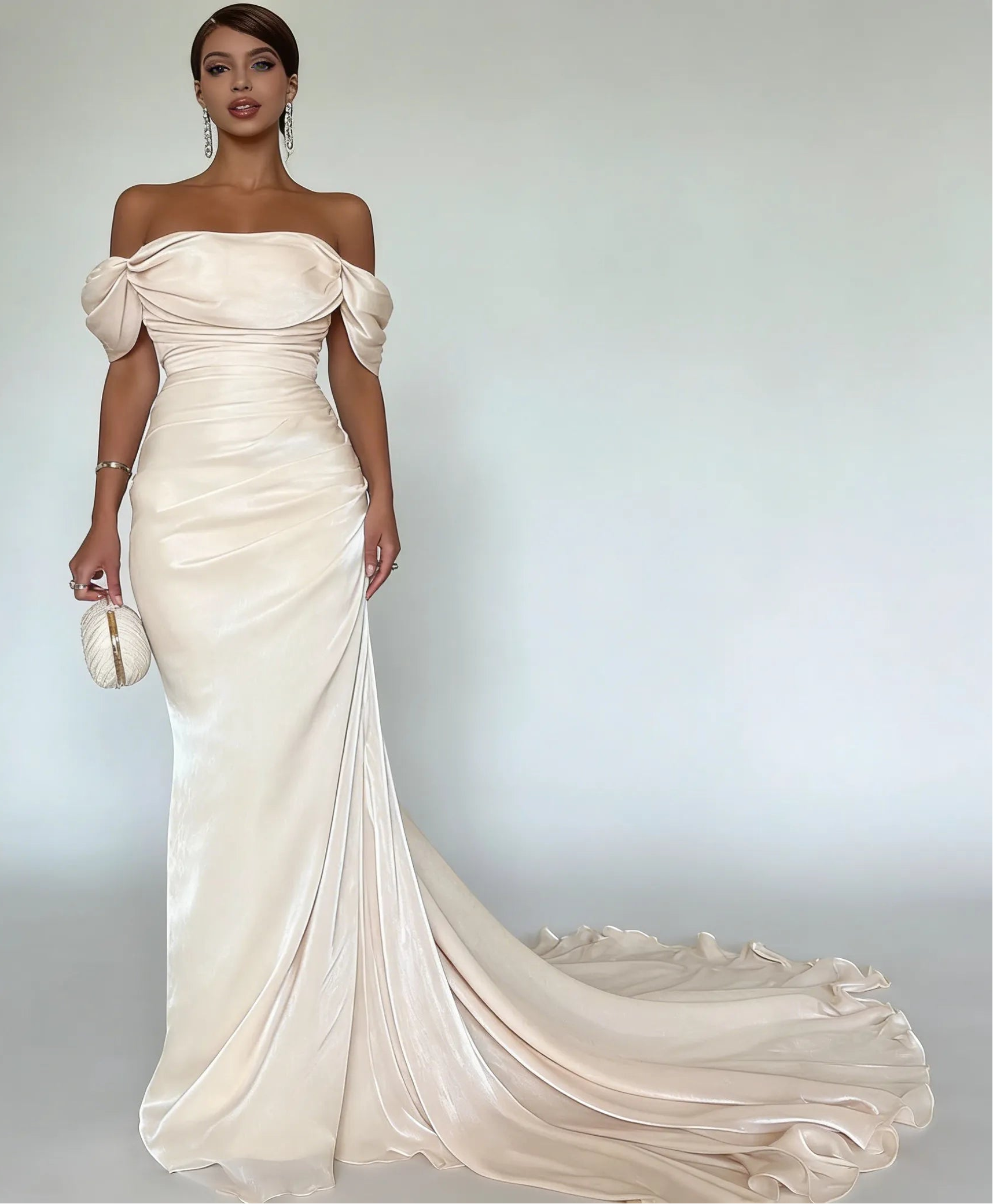 Elegant Off-the-Shoulder Draped Ruched Satin Mermaid Maxi Dress with Train