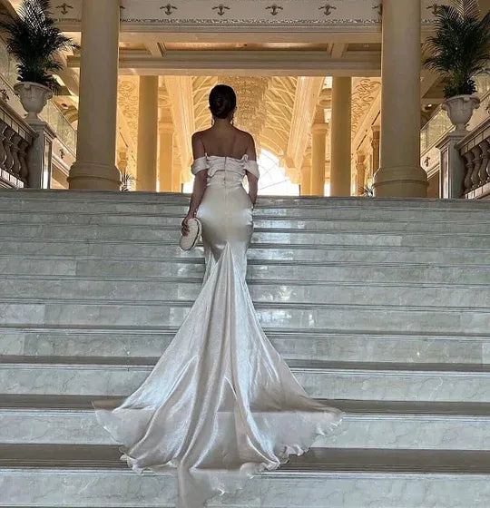 Elegant Off-the-Shoulder Draped Ruched Satin Mermaid Maxi Dress with Train