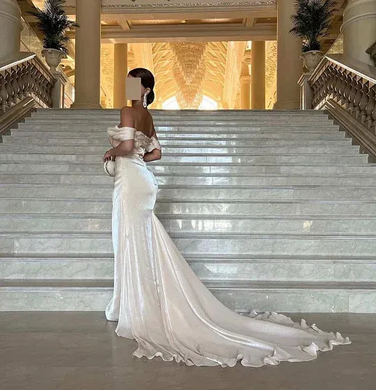 Elegant Off-the-Shoulder Draped Ruched Satin Mermaid Maxi Dress with Train