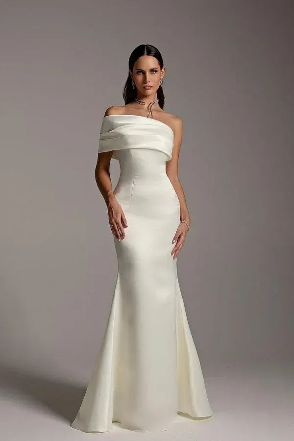 Elegant Off-the-Shoulder Draped Satin Mermaid Maxi Dress