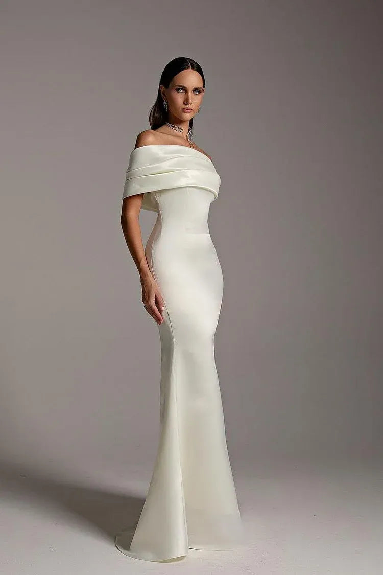 Elegant Off-the-Shoulder Draped Satin Mermaid Maxi Dress