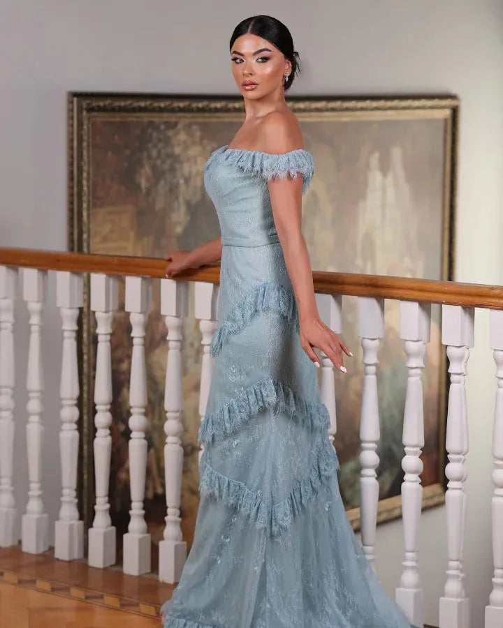 Elegant Off-the-Shoulder Fringed Lace Tiered Mermaid Maxi Dress