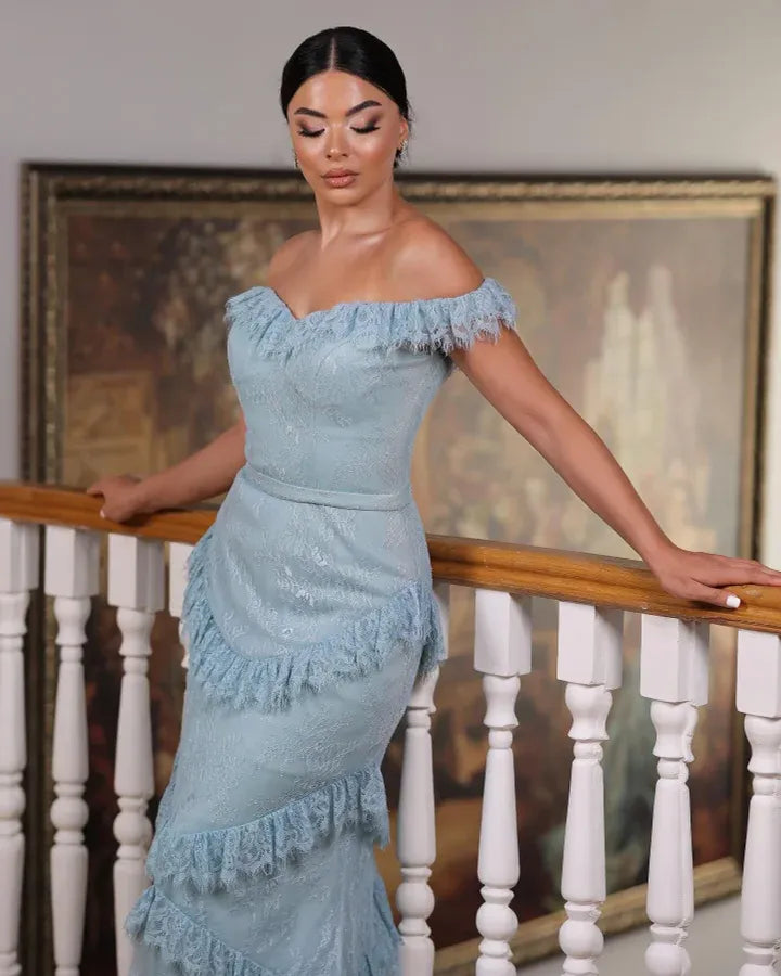 Elegant Off-the-Shoulder Fringed Lace Tiered Mermaid Maxi Dress