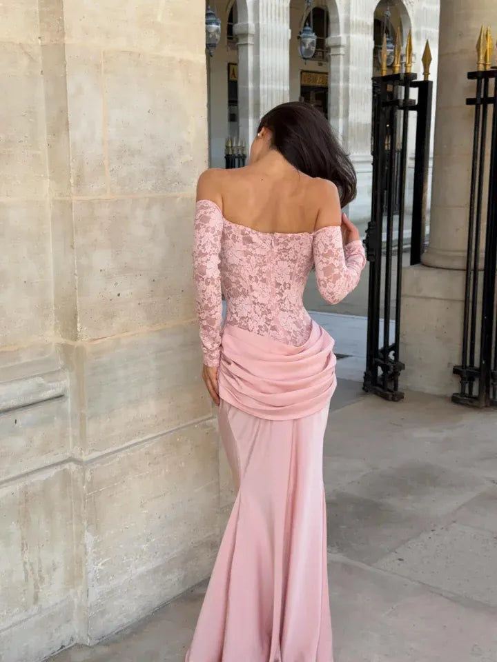 Elegant Off-the-Shoulder Long Sleeve Lace Satin Mermaid Maxi Dress