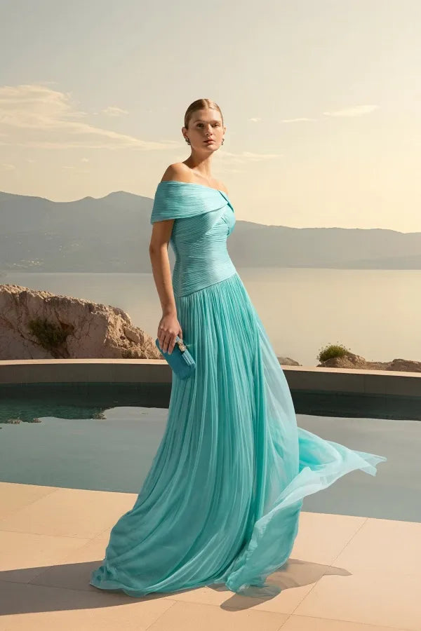 Elegant Off-the-Shoulder Pleated Chiffon A-Line Maxi Dress
