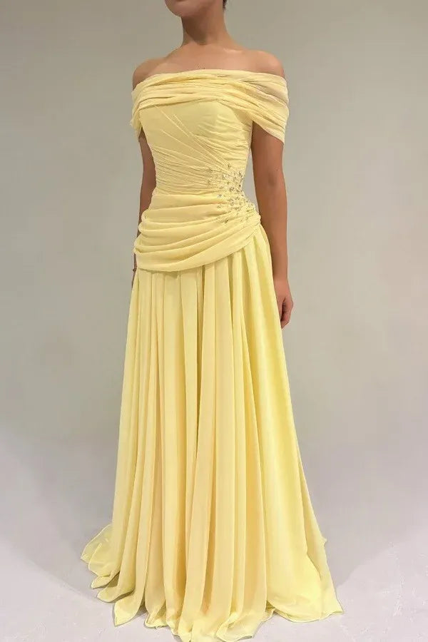 Elegant Off-the-Shoulder Ruched Beaded Chiffon A-Line Maxi Dress
