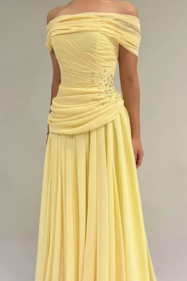 Elegant Off-the-Shoulder Ruched Beaded Chiffon A-Line Maxi Dress