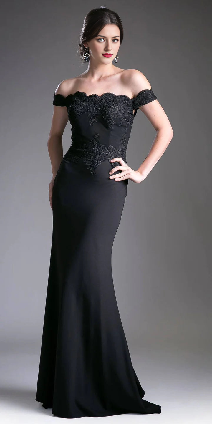 Model wearing an elegant off-the-shoulder satin floor-length gown.