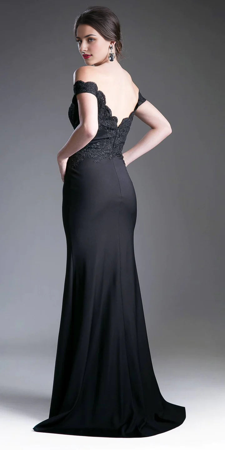 Back view of the elegant off-the-shoulder satin floor-length gown.