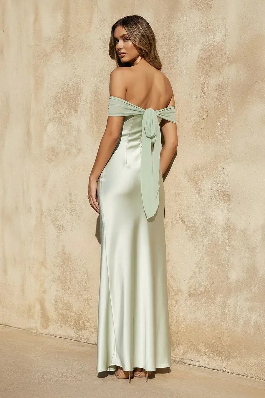 Elegant Off-the-Shoulder Satin Tie-Back Mermaid Maxi Dress