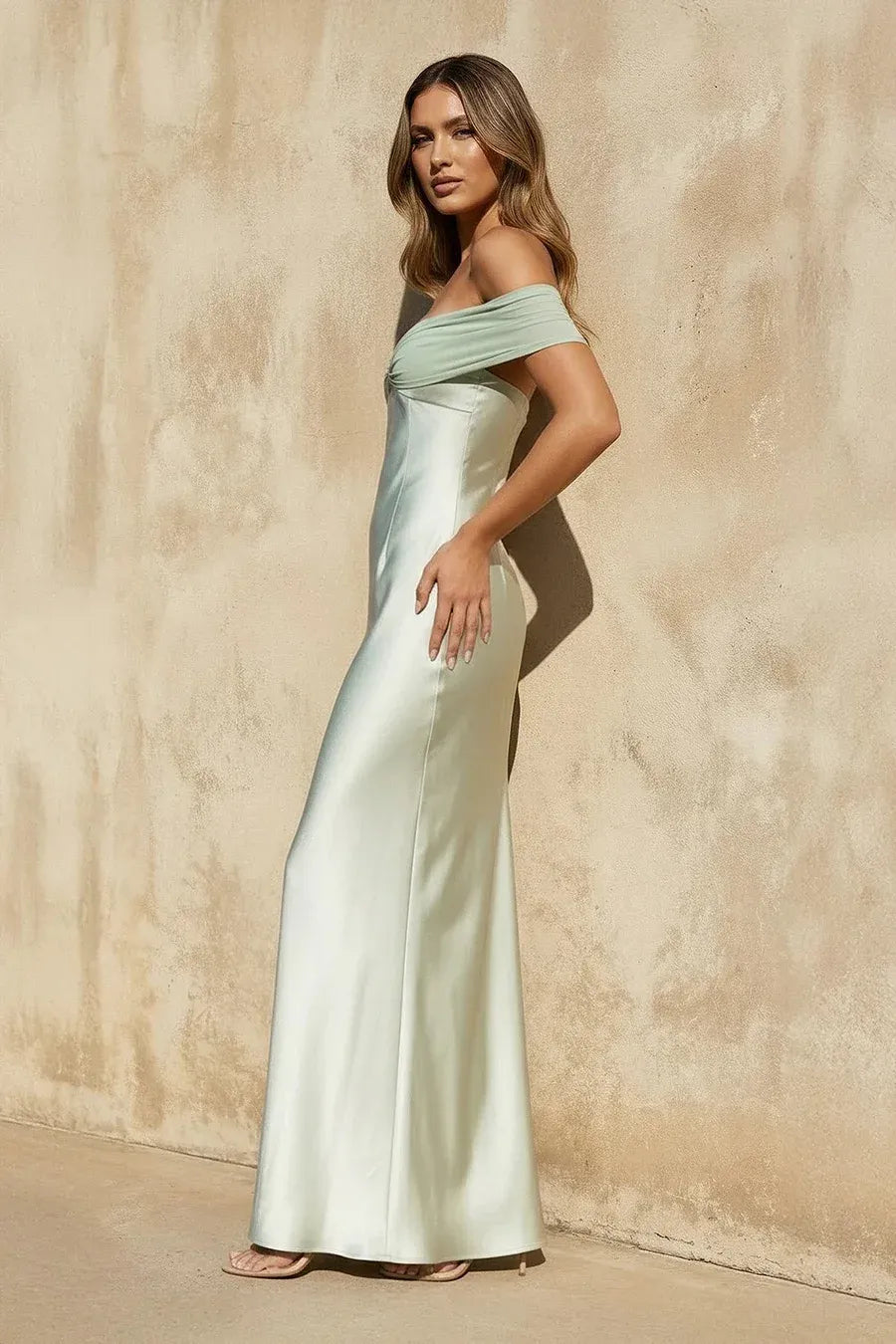 Elegant Off-the-Shoulder Satin Tie-Back Mermaid Maxi Dress