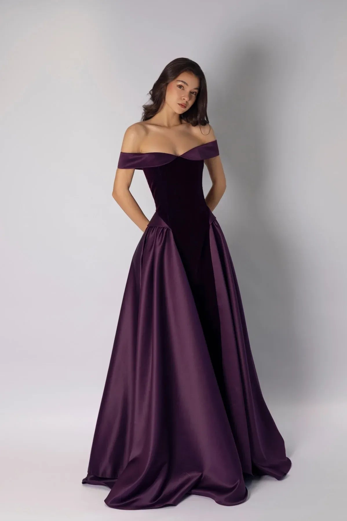 Elegant Off-the-Shoulder Velvet Satin A-Line Ball Gown
