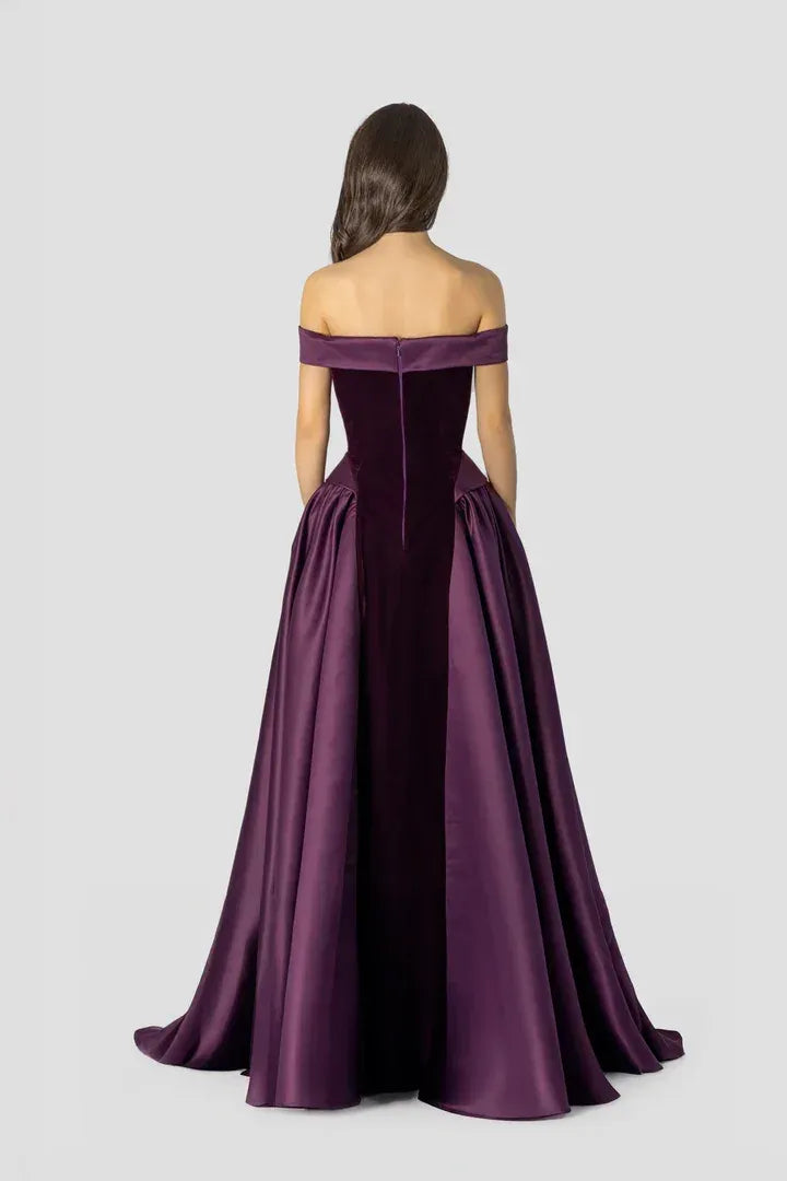 Elegant Off-the-Shoulder Velvet Satin A-Line Ball Gown