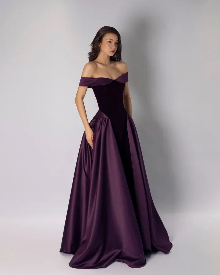 Elegant Off-the-Shoulder Velvet Satin A-Line Ball Gown