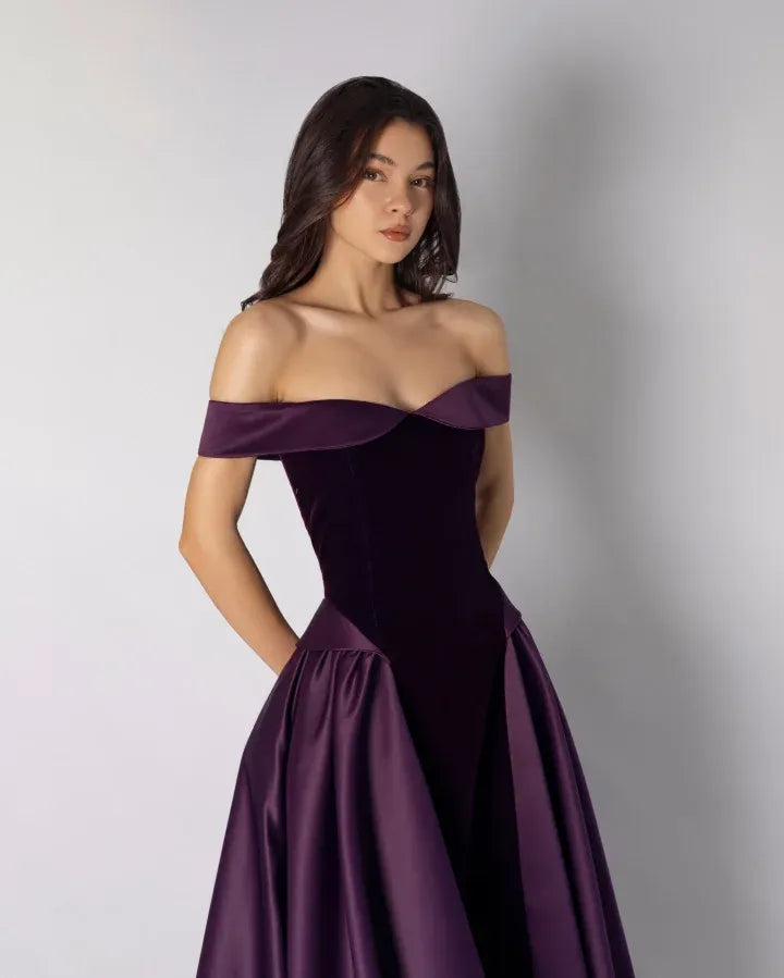 Elegant Off-the-Shoulder Velvet Satin A-Line Ball Gown