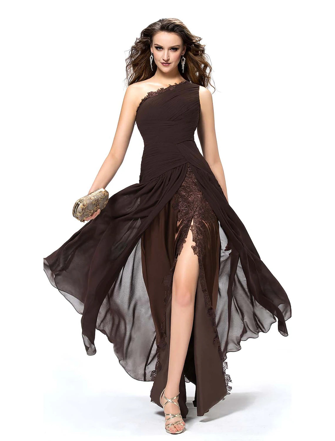 Elegant A-line one-shoulder chiffon evening gown with a high slit and lace insert.