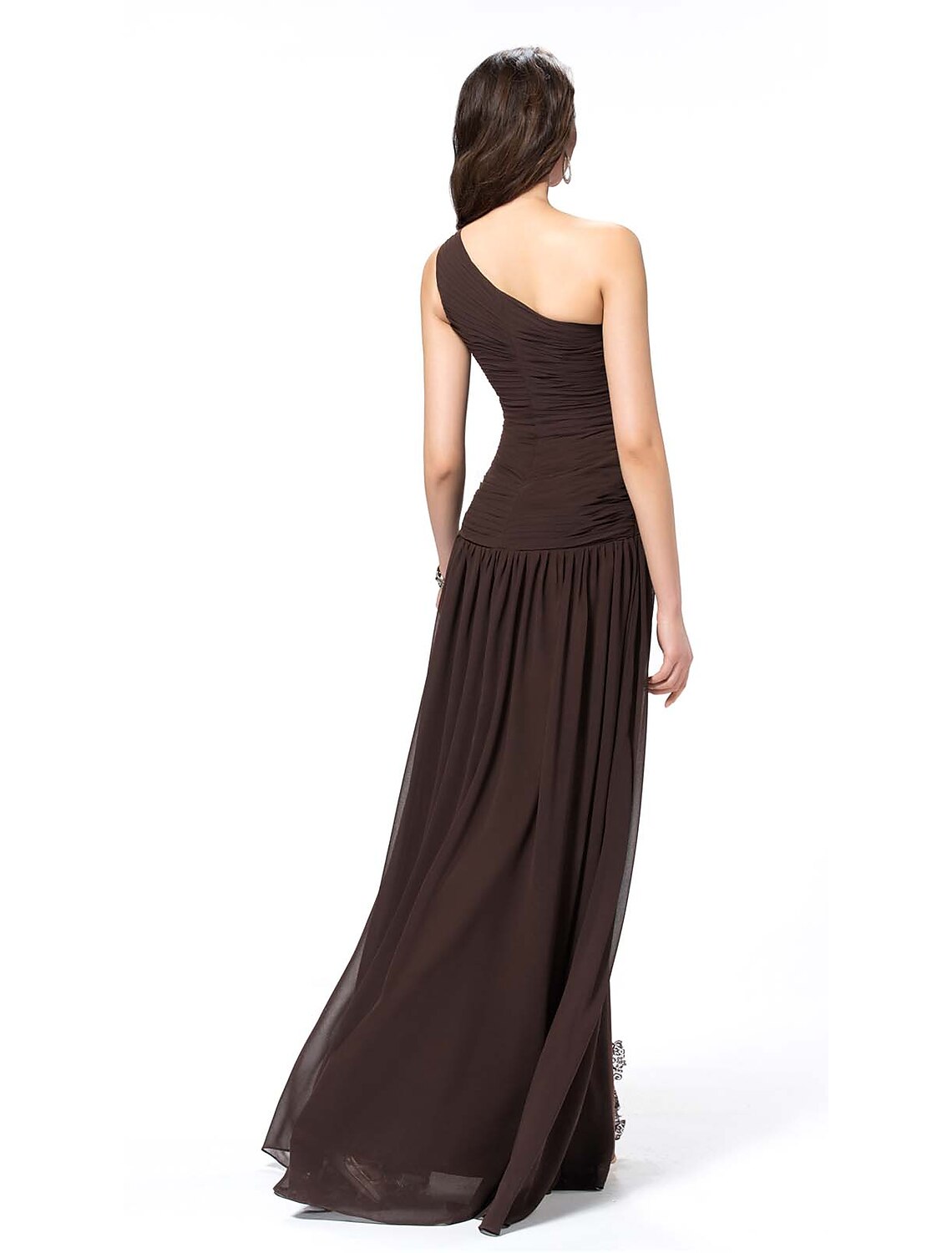 Back view of the Weitese one-shoulder chiffon gown, showcasing the backless design.