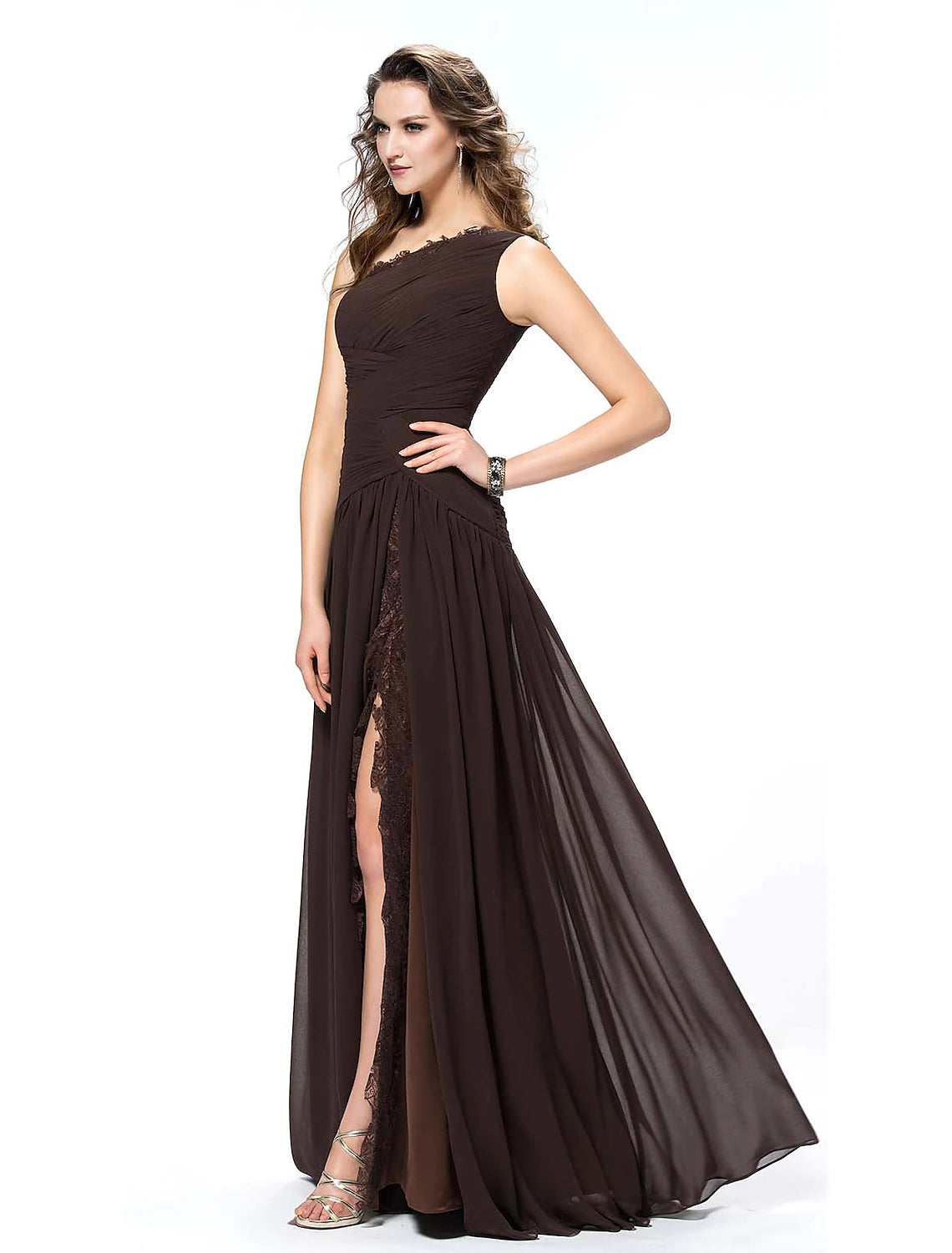 Close-up of the lace insert detail on the Weitese A-line evening dress.