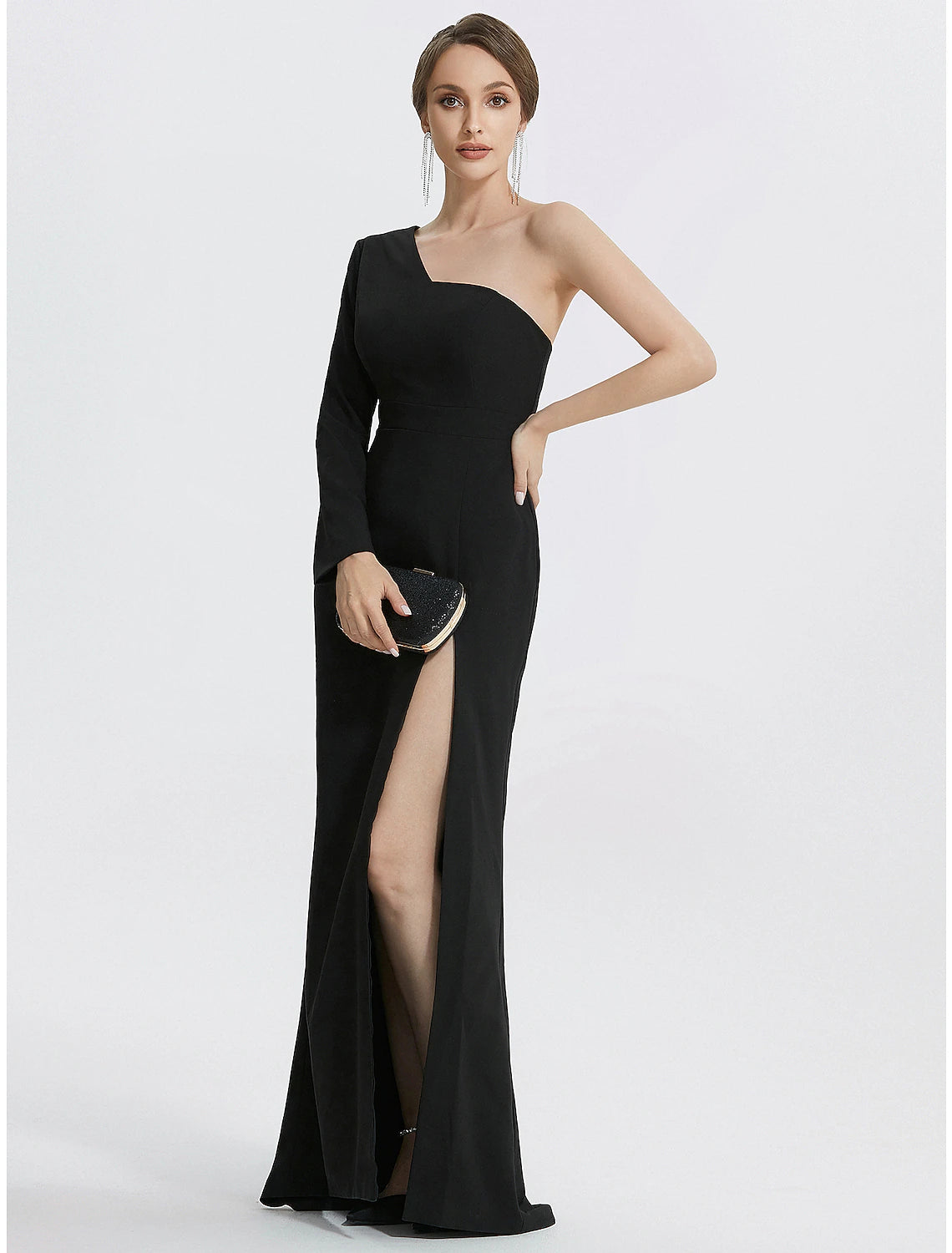 Detail of the one-shoulder neckline and long sleeve on the black mermaid gown.