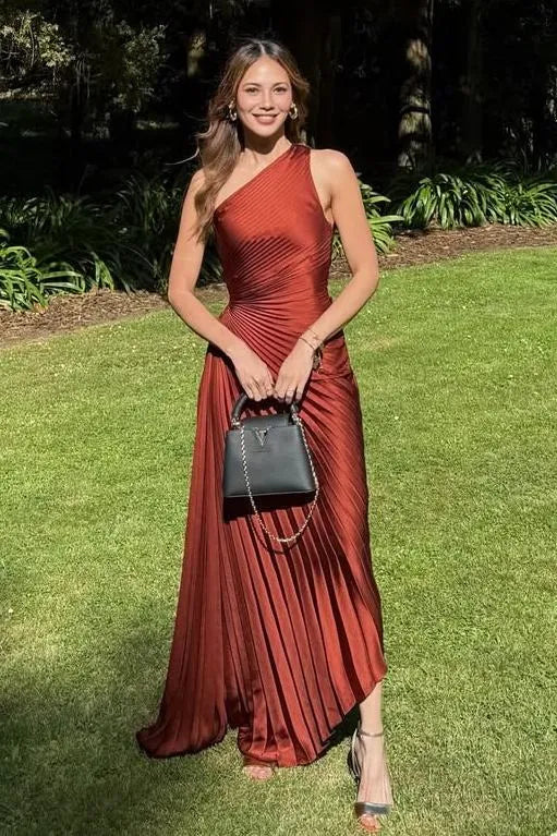 Elegant One Shoulder Pleated Satin Maxi Formal Dress