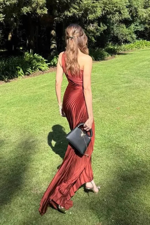 Elegant One Shoulder Pleated Satin Maxi Formal Dress