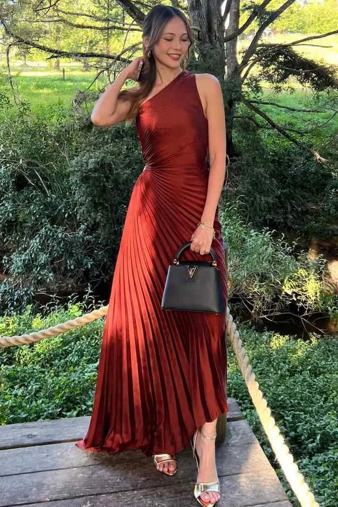 Elegant One Shoulder Pleated Satin Maxi Formal Dress