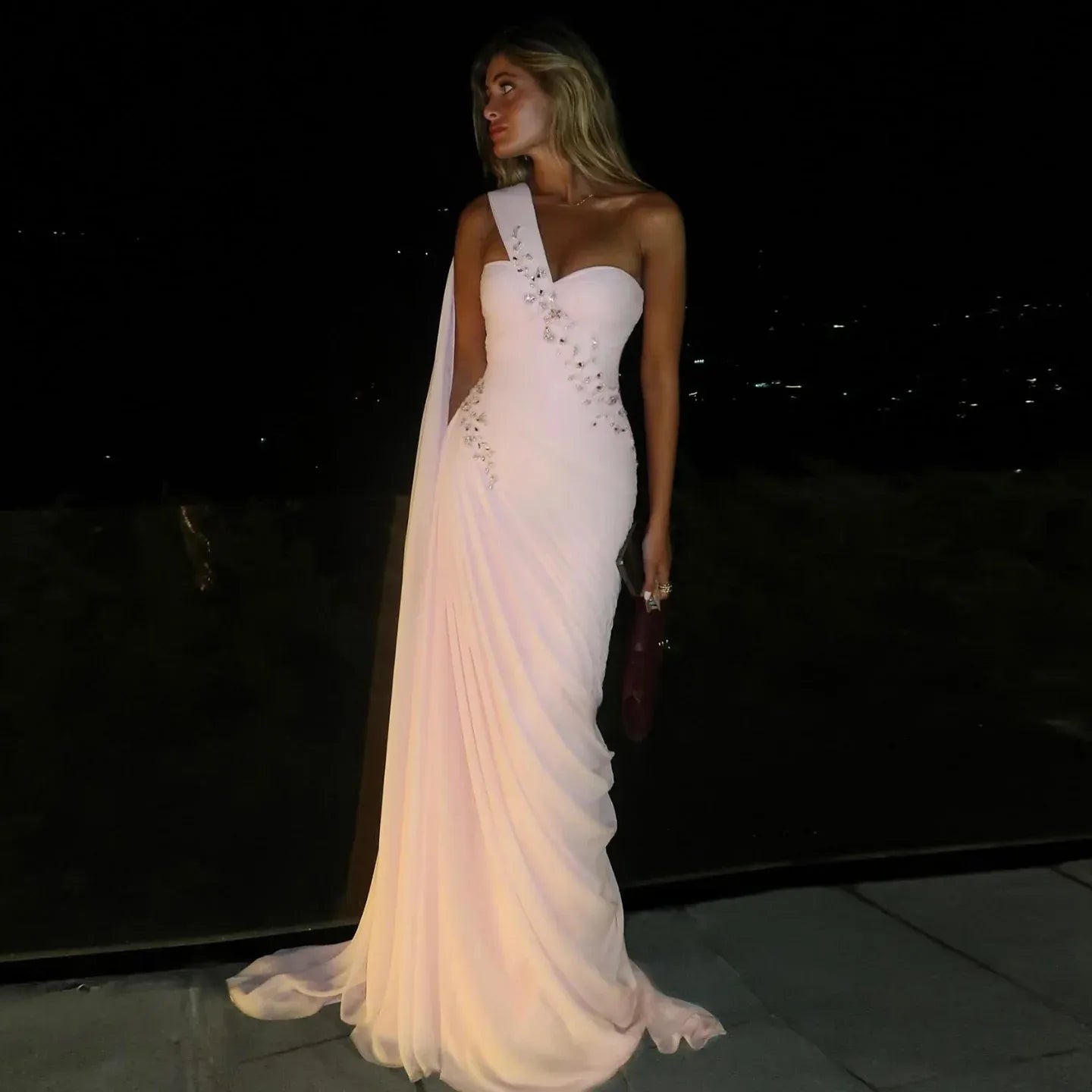 Elegant One-Shoulder Ruched Beaded Chiffon Mermaid Maxi Dress with Cape