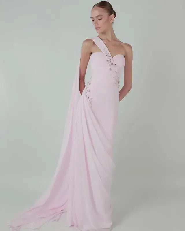 Elegant One-Shoulder Ruched Beaded Chiffon Mermaid Maxi Dress with Cape