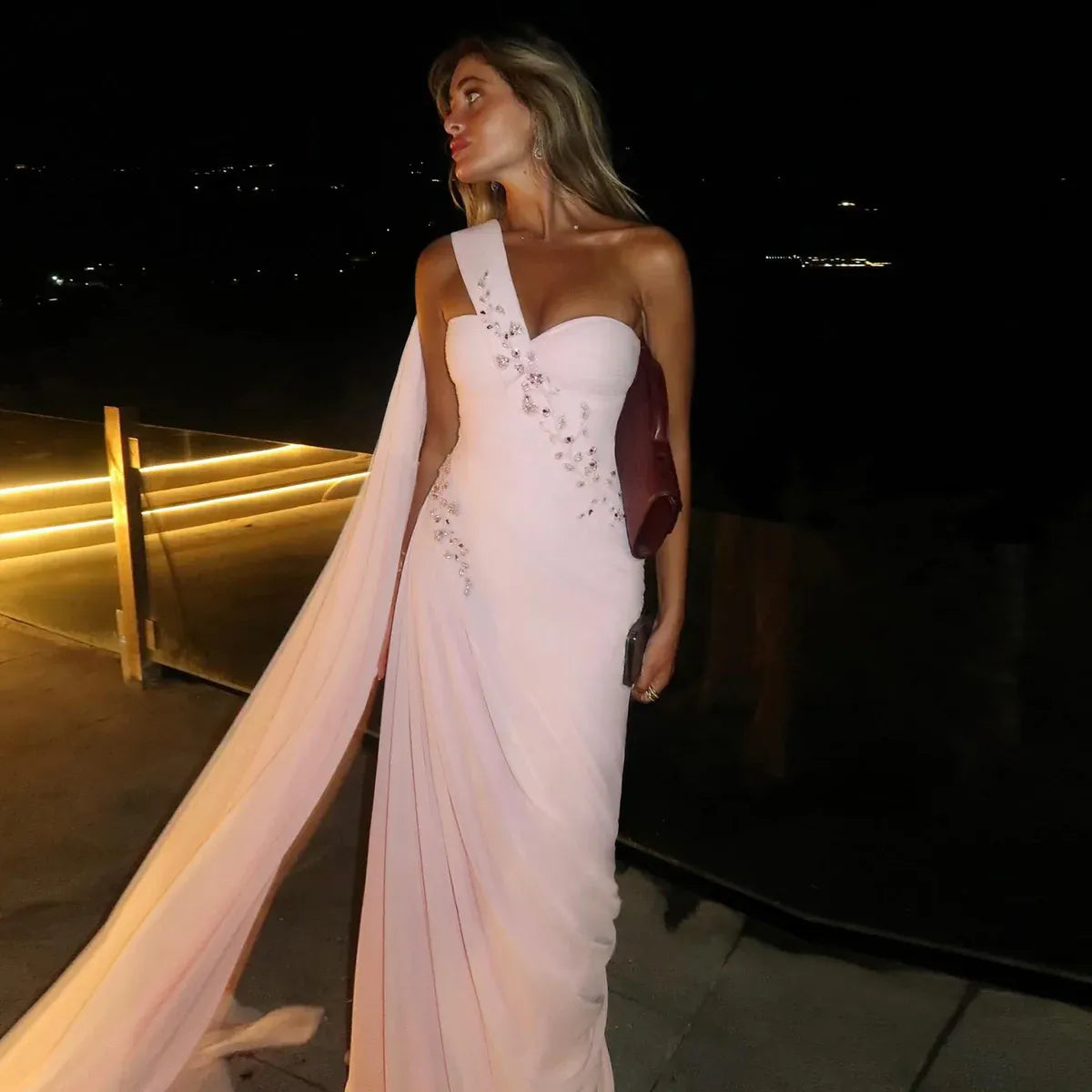 Elegant One-Shoulder Ruched Beaded Chiffon Mermaid Maxi Dress with Cape