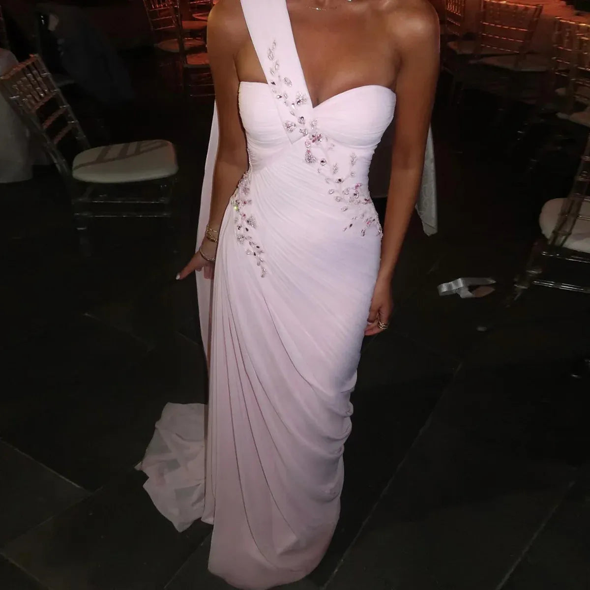 Elegant One-Shoulder Ruched Beaded Chiffon Mermaid Maxi Dress with Cape