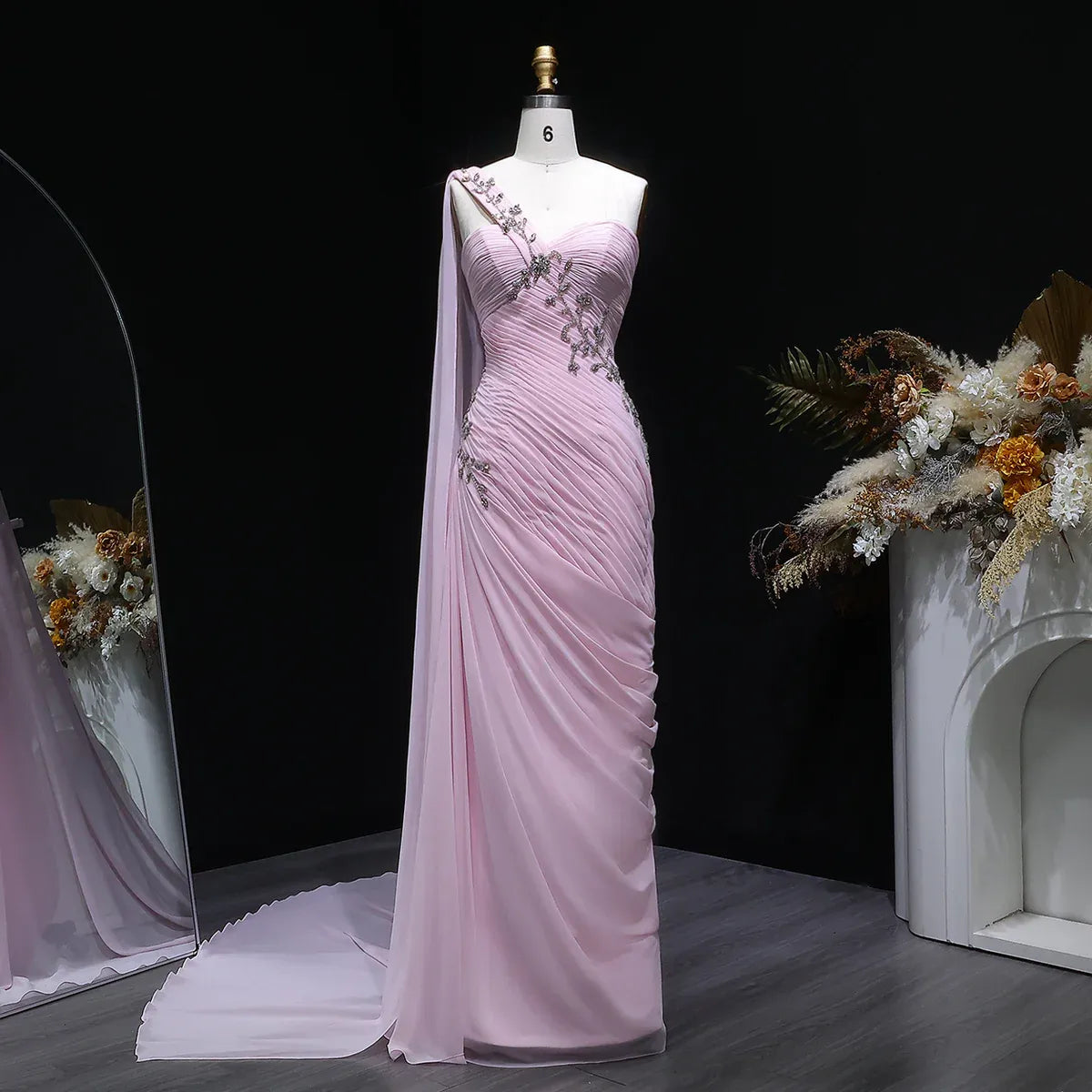 Elegant One-Shoulder Ruched Beaded Chiffon Mermaid Maxi Dress with Cape