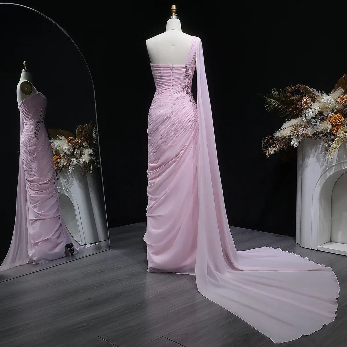 Elegant One-Shoulder Ruched Beaded Chiffon Mermaid Maxi Dress with Cape