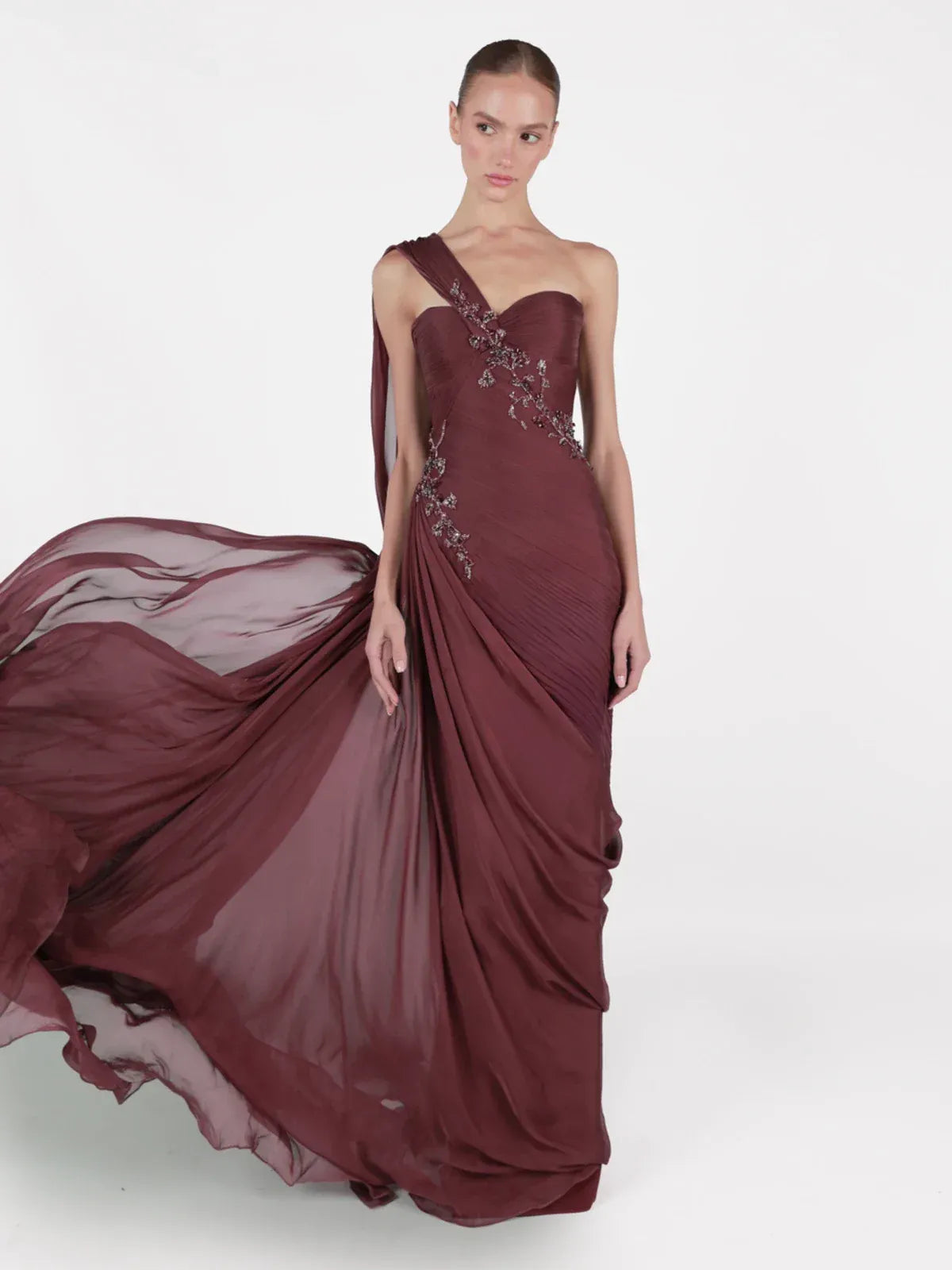 Elegant One-Shoulder Ruched Beaded Chiffon Mermaid Maxi Dress with Cape