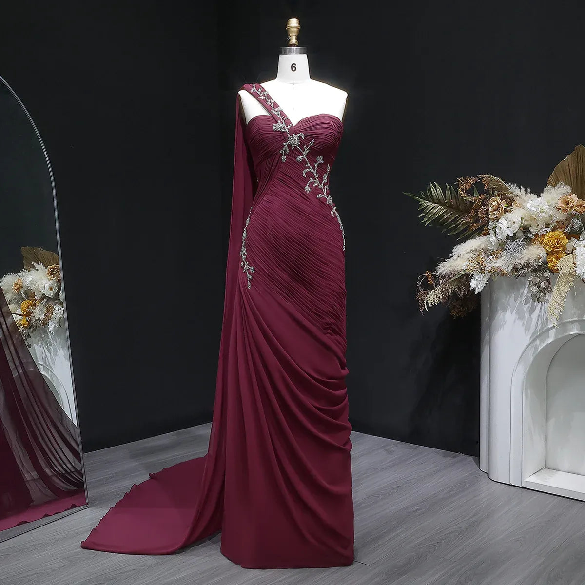 Elegant One-Shoulder Ruched Beaded Chiffon Mermaid Maxi Dress with Cape