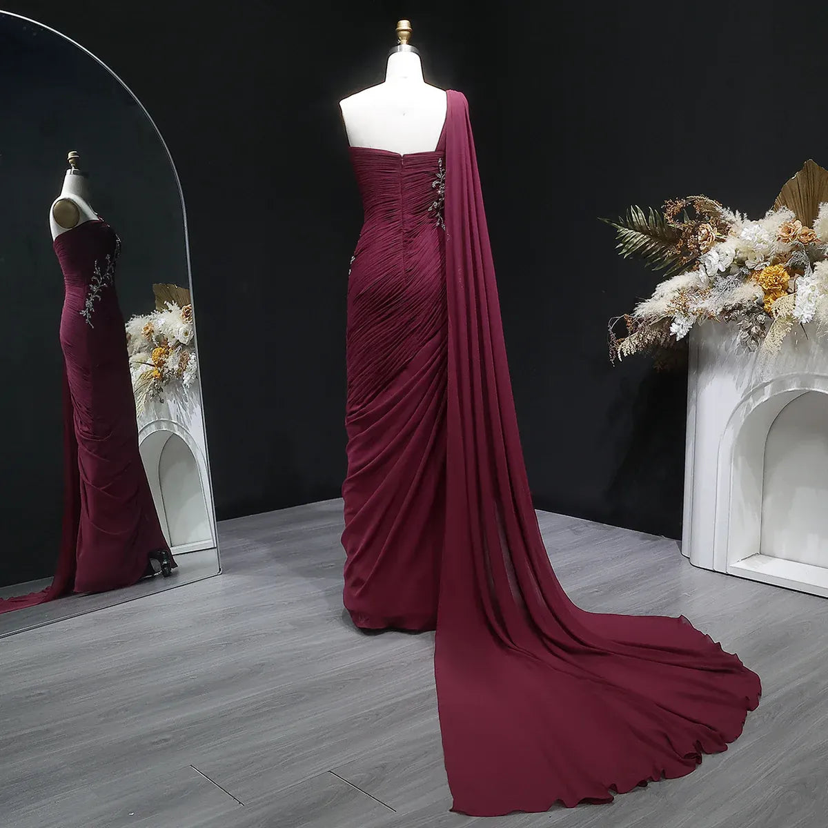 Elegant One-Shoulder Ruched Beaded Chiffon Mermaid Maxi Dress with Cape