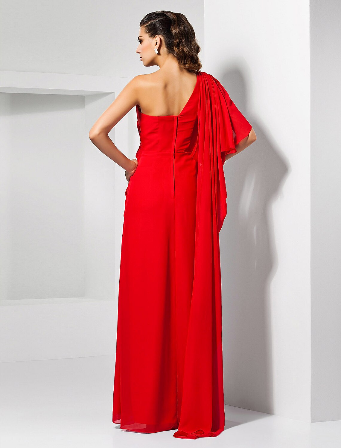 Back view of the one-shoulder chiffon sheath column dress with draping.
