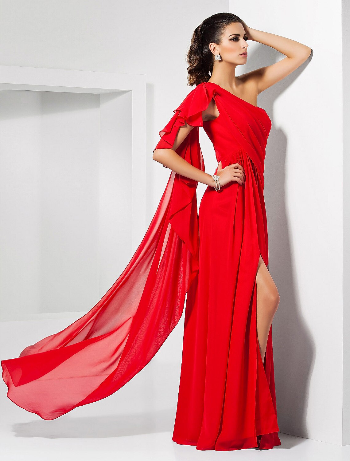 Front view of the elegant one-shoulder dress, showcasing the flowing chiffon.
