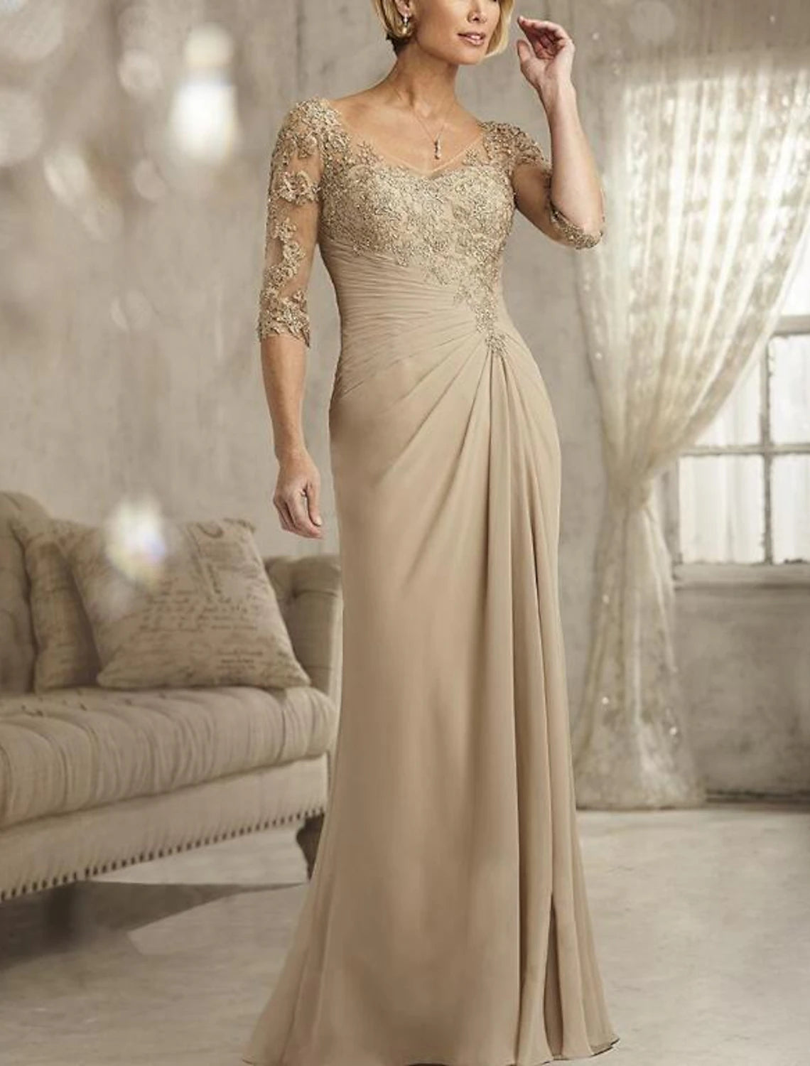 Elegant Weitese mermaid trumpet evening gown with V-neck, 3/4 sleeves, pleats, and ruching.