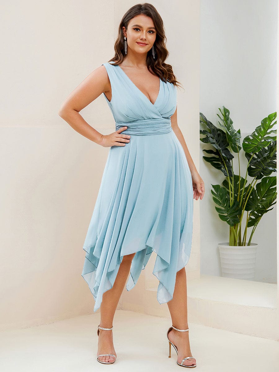 Model wearing a blue Weitese plus size double V-neck ruched-waist midi chiffon bridesmaid dress, front view.