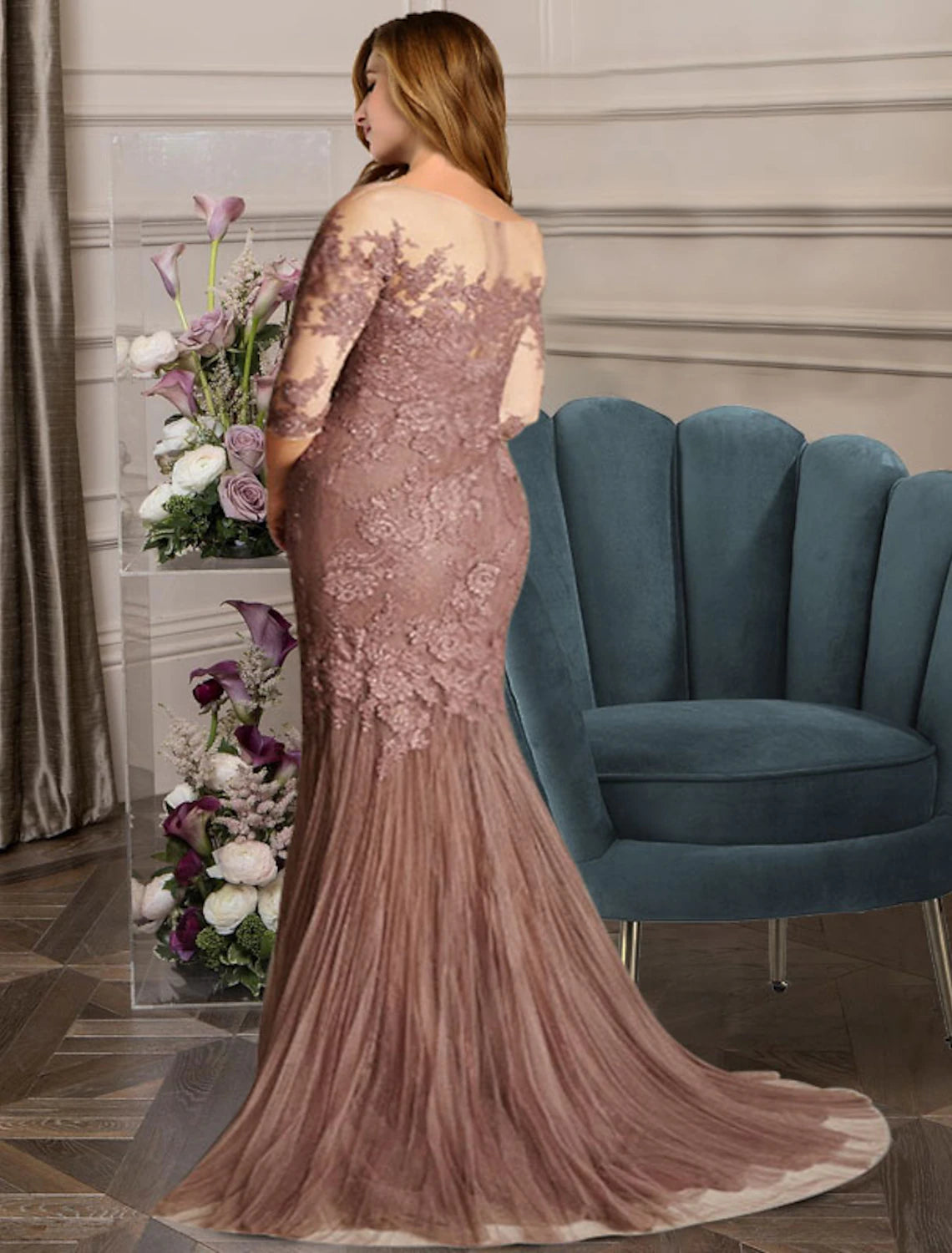 Plus size trumpet gown in navy blue, featuring a jewel neck and sweep train.