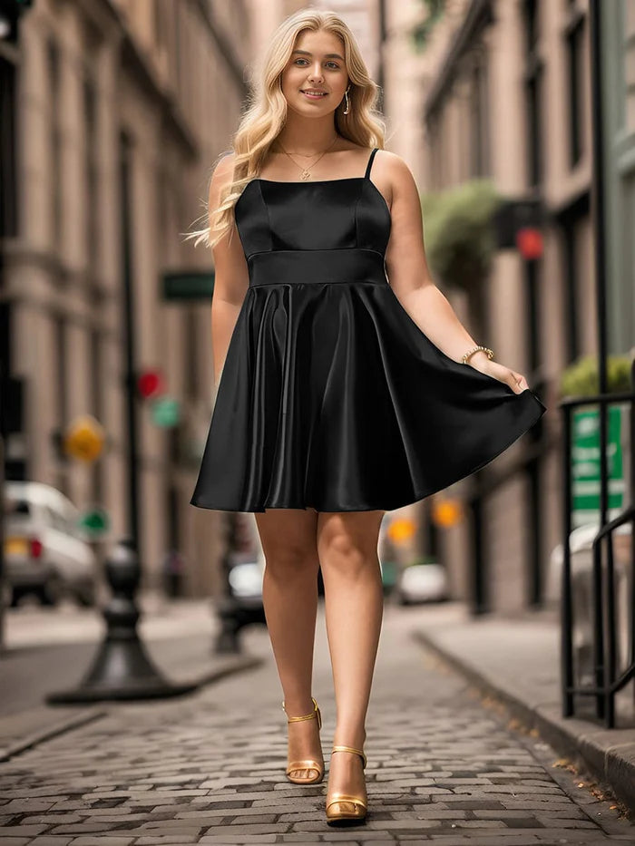 Another angle of the plus size satin short homecoming dress.