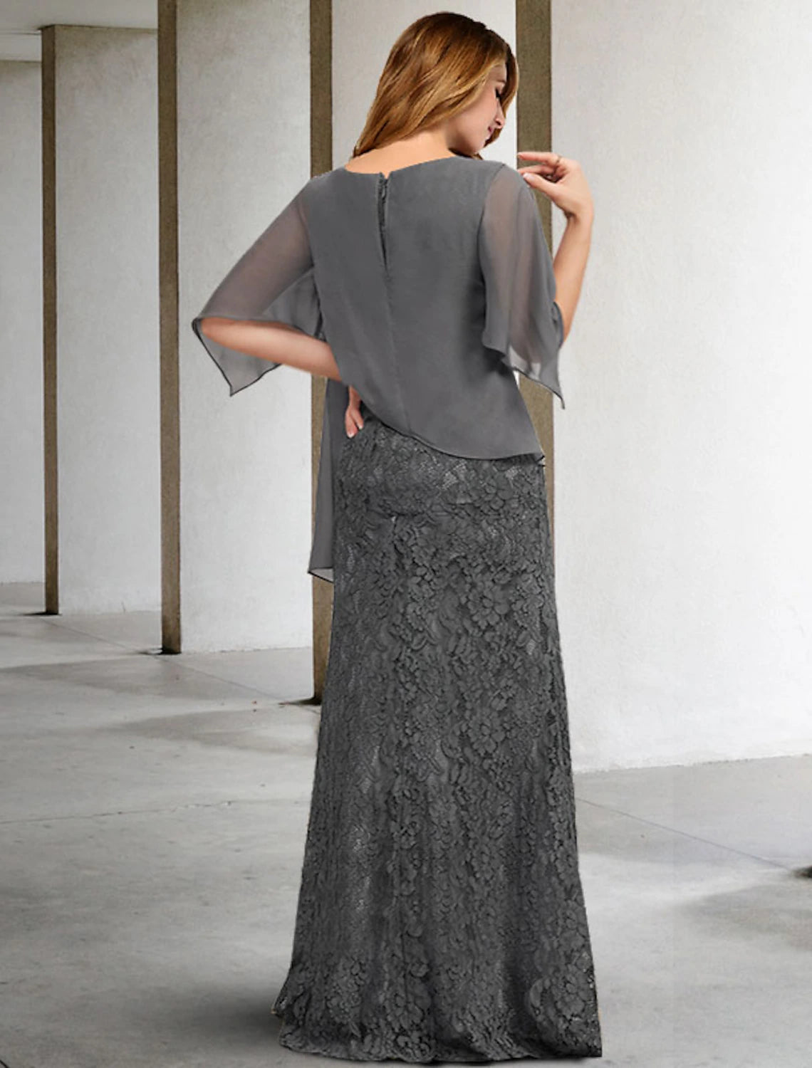 Back view of the elegant plus size mother of the bride dress, showing floor length chiffon.