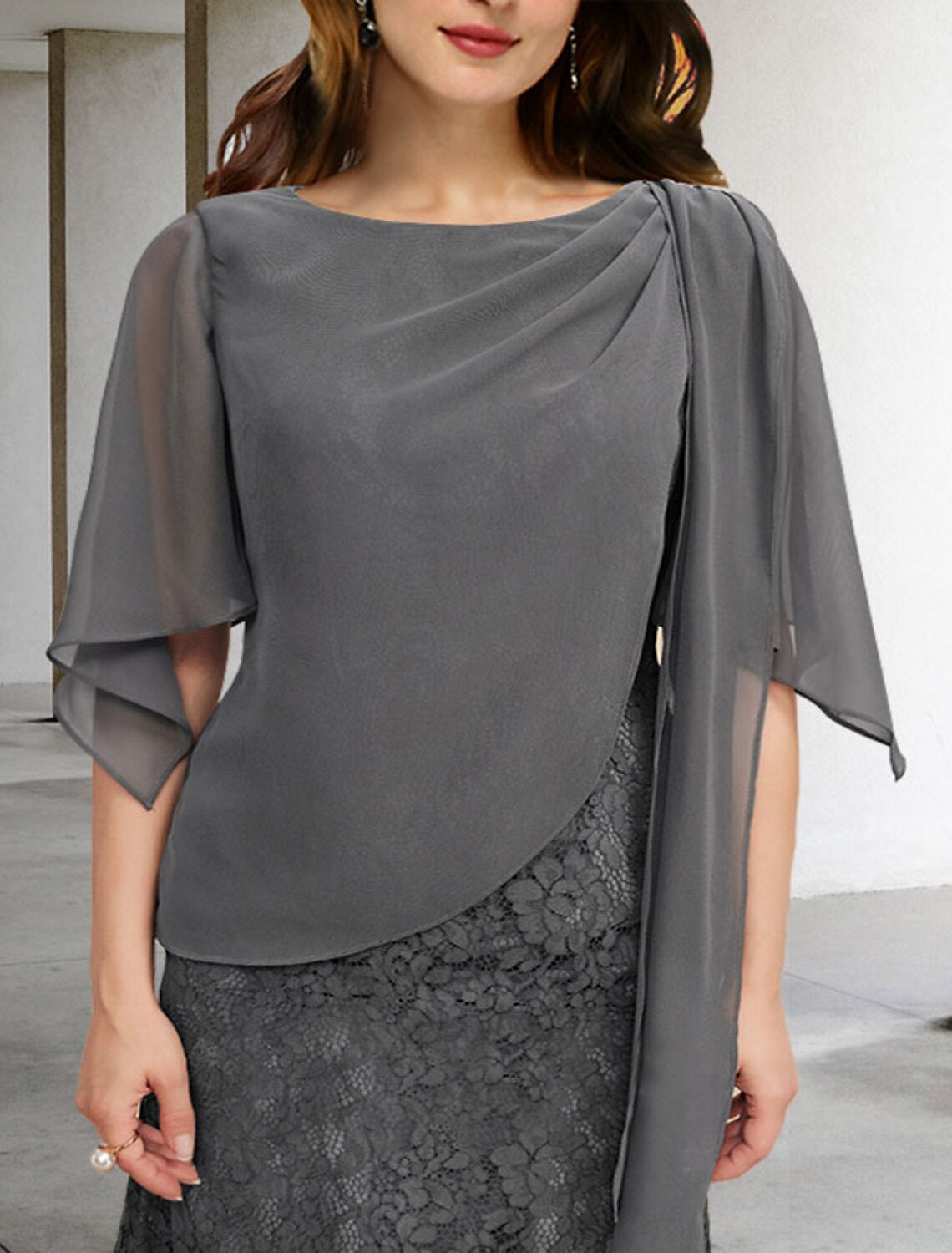 Side view of the plus size sheath column dress, highlighting the elegant silhouette.