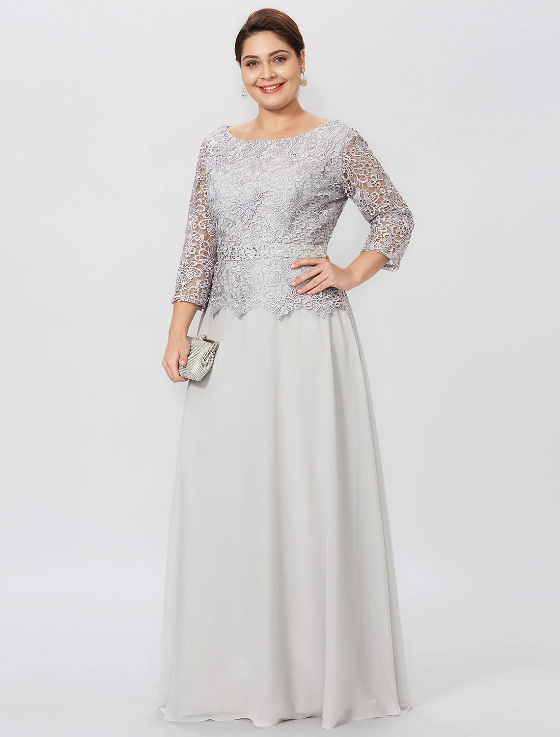 Elegant light blue plus size sheath mother of the bride dress, front view.
