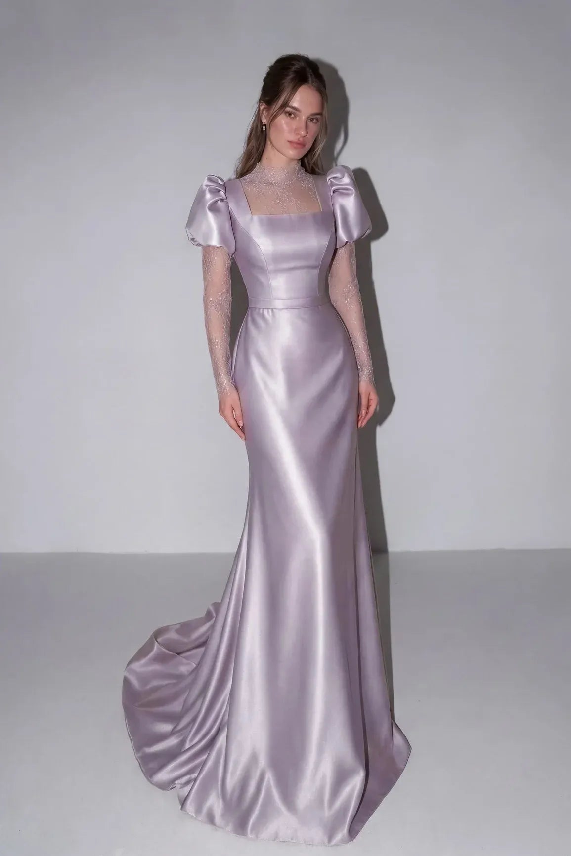 Elegant Puff Sleeve Lace Satin Mermaid Wedding Dress with Train