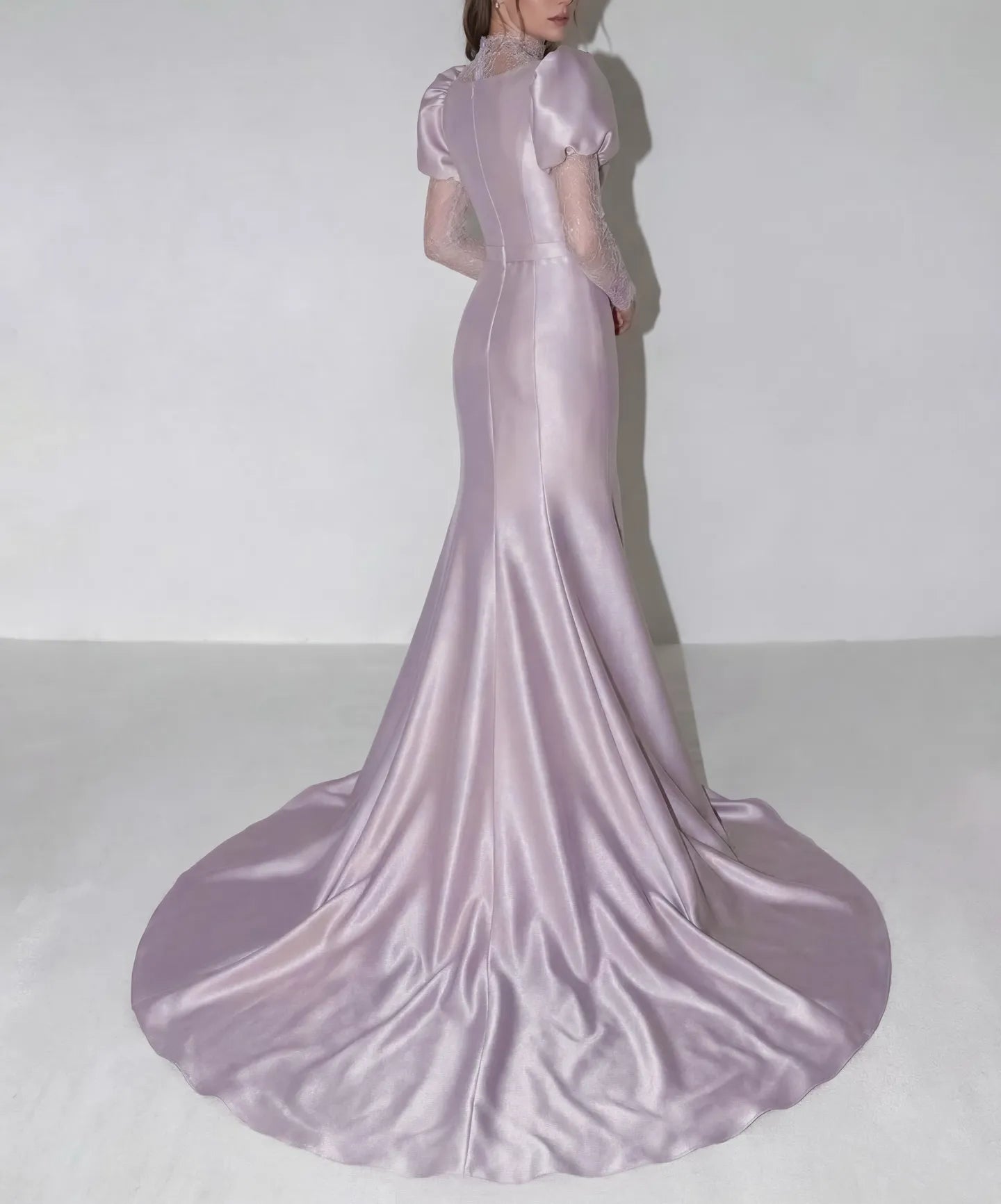 Elegant Puff Sleeve Lace Satin Mermaid Wedding Dress with Train