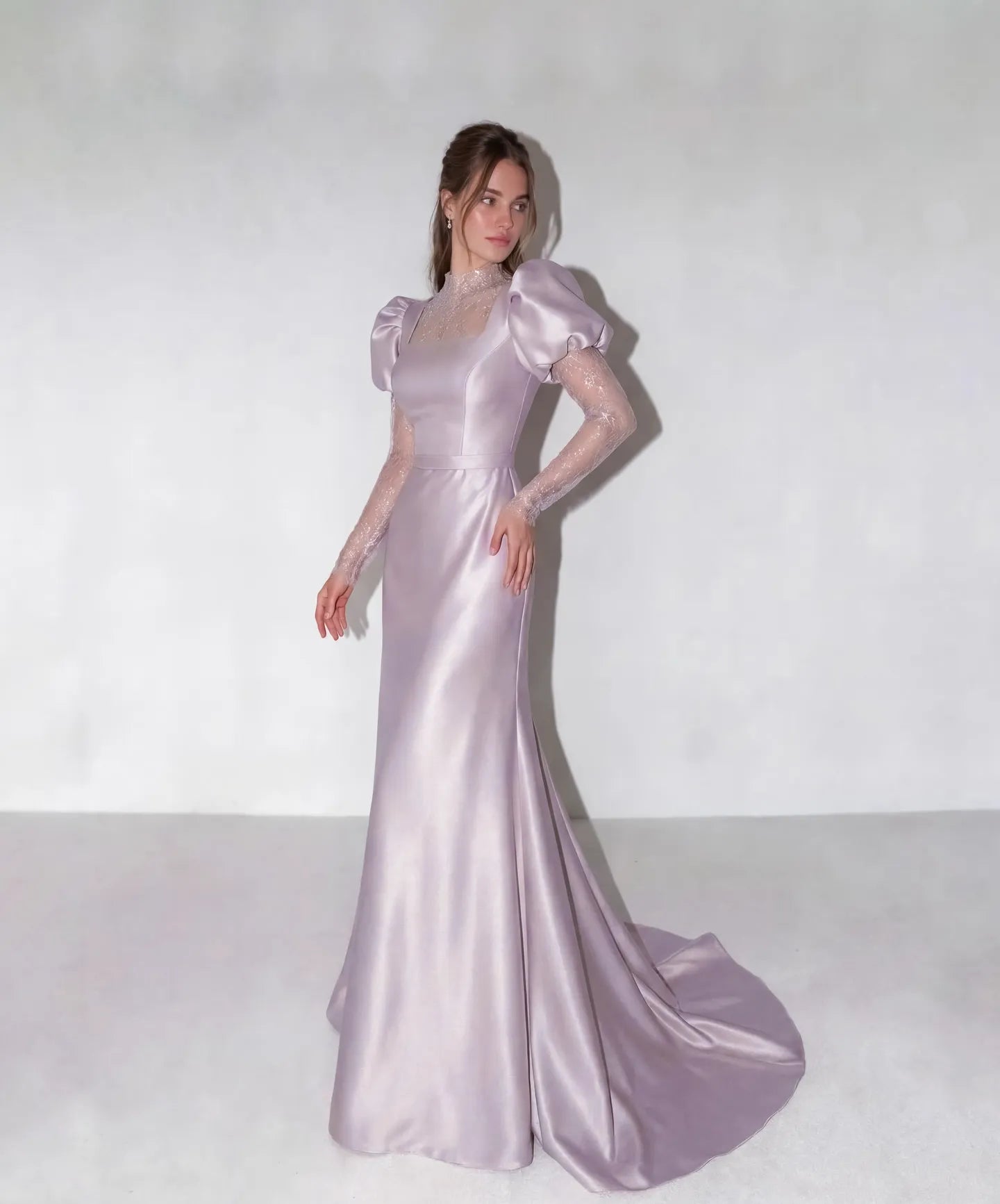 Elegant Puff Sleeve Lace Satin Mermaid Wedding Dress with Train