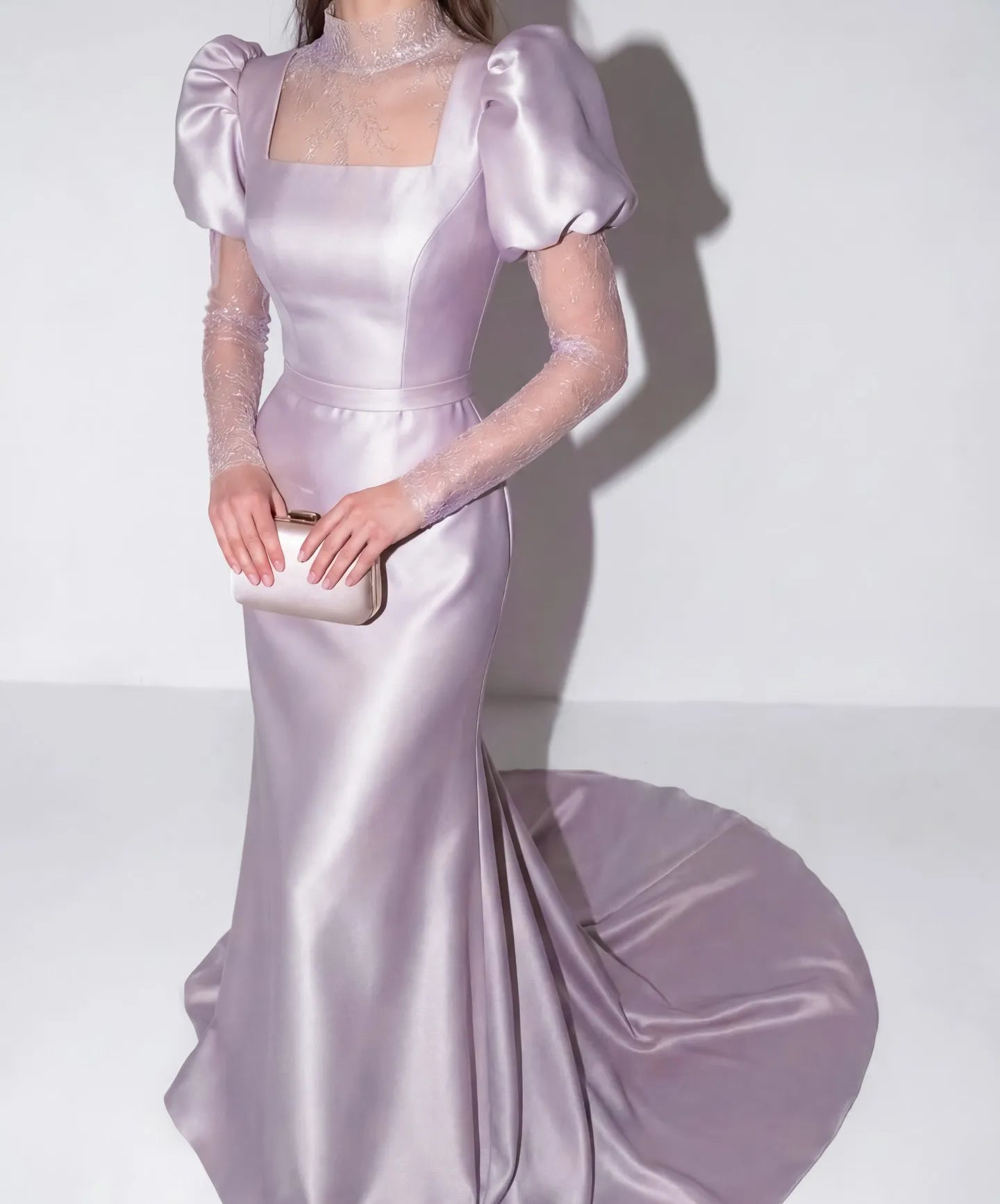 Elegant Puff Sleeve Lace Satin Mermaid Wedding Dress with Train
