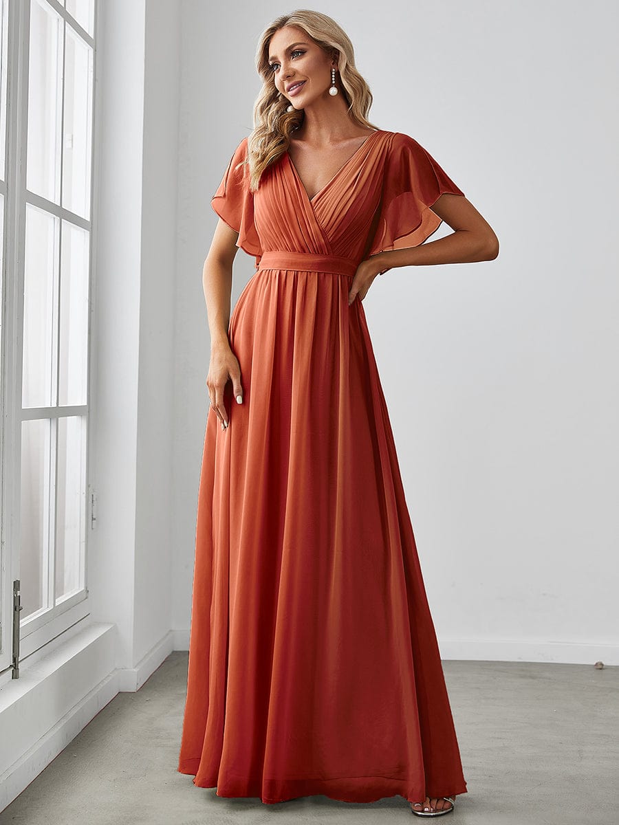 Red Weitese ruffle sleeve chiffon V-neck evening dress.