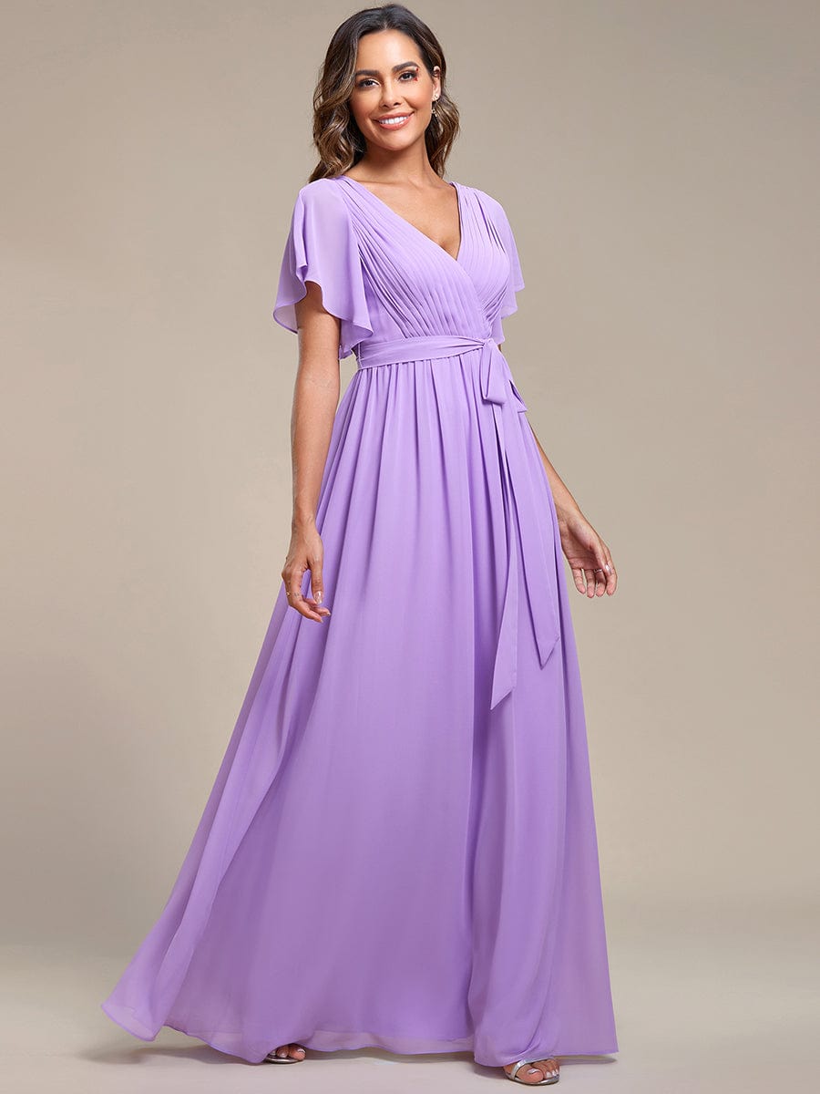 Lavender Weitese ruffle sleeve chiffon V-neck evening dress.